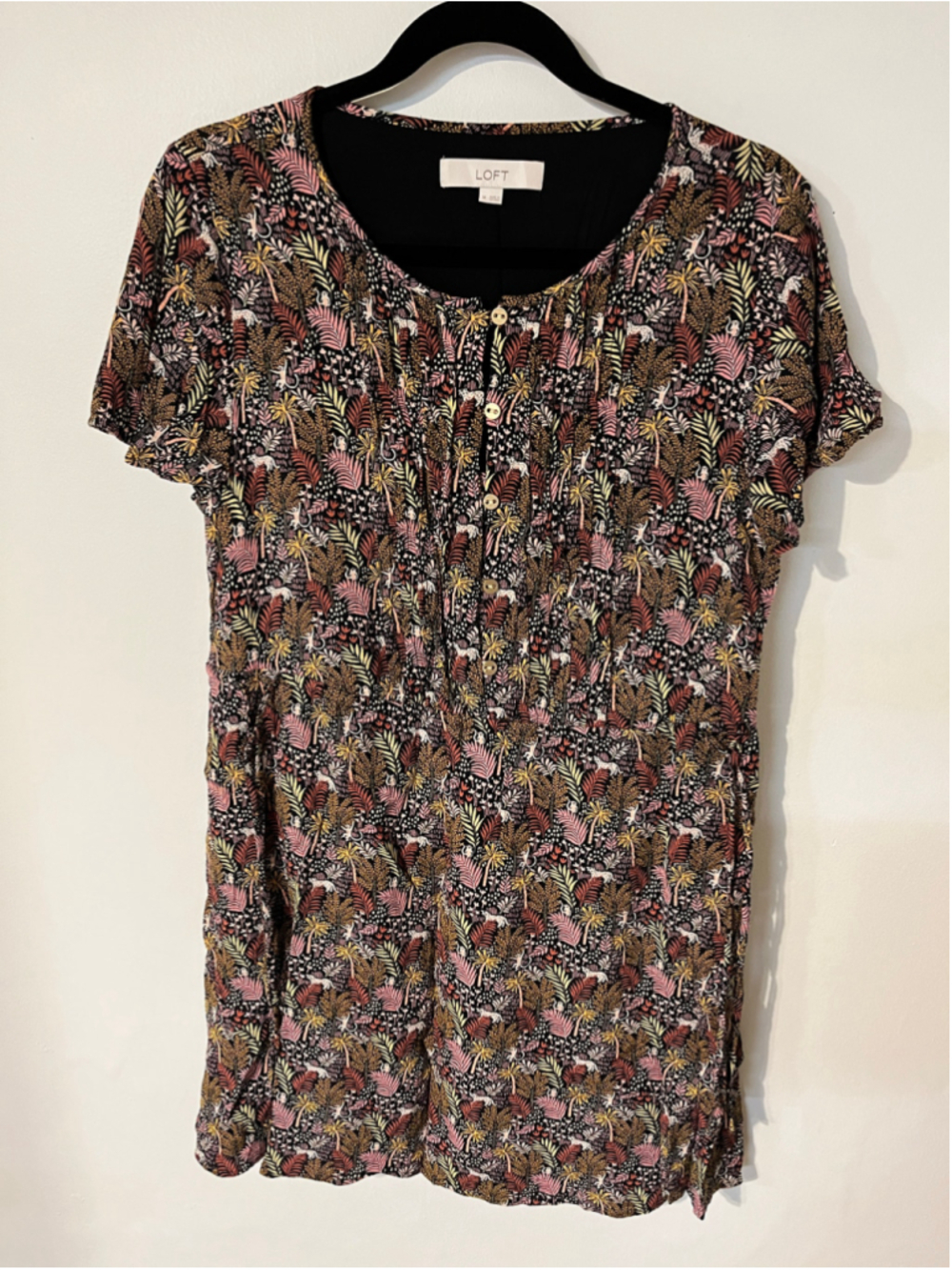 Women's LOFT Mini Dress Size M Black Multi-color Tropical Print